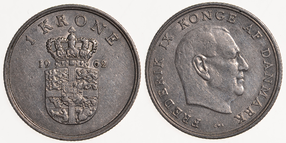 ДАНИЯ 1 КРОНА 1968 C; S, ФРЕДЕРИК IX (1947-1972) KM 851.1 медно-никель 73-1115