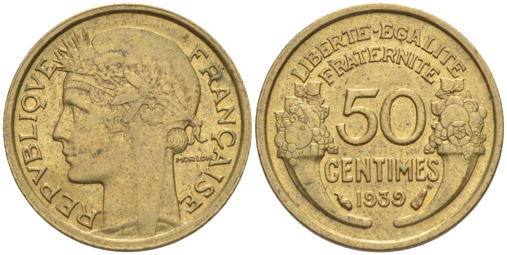 ФРАНЦИЯ 50 САНТИМОВ 1939 ТИП MORLON KM 894.1, LE FRANC 192.15 алюминиевая бронза 44-912