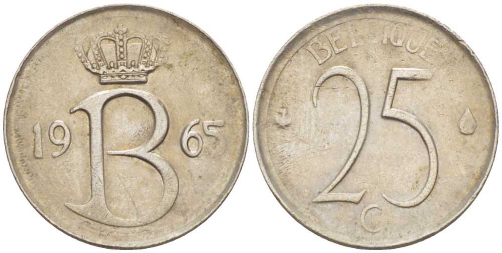 Бельгия 25 сантимов 1965 Belgique, Бодуэн I (1951-1993) KM 153.1 медно-никель 718-267