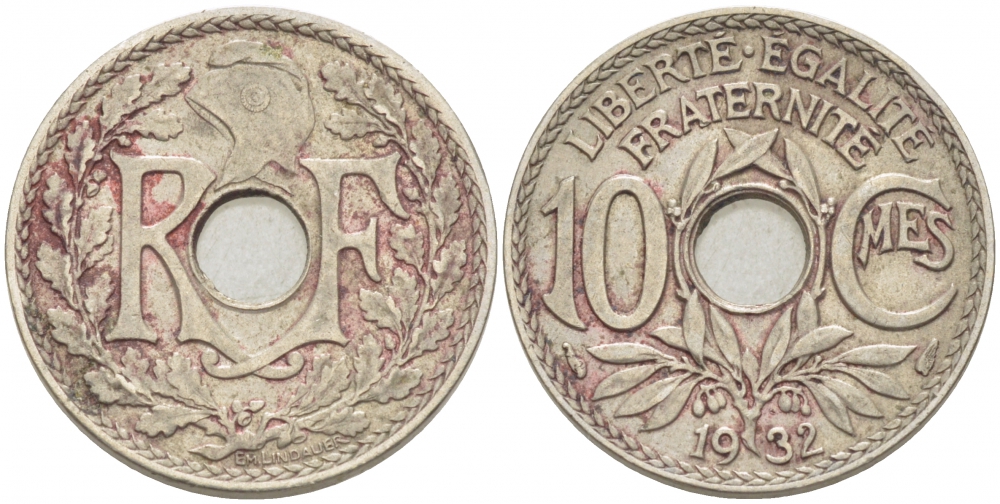 ФРАНЦИЯ 10 САНТИМОВ 1932 ТИП ЛИНДАЙЁ KM 866а медно-никель 4402-757