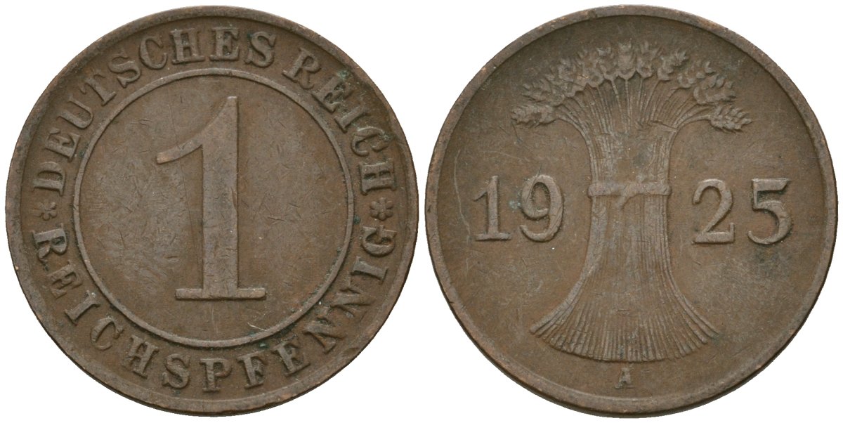 Германия 1 рейхспфенниг 1925 A KM 37, J. 313 бронза 4189-1065