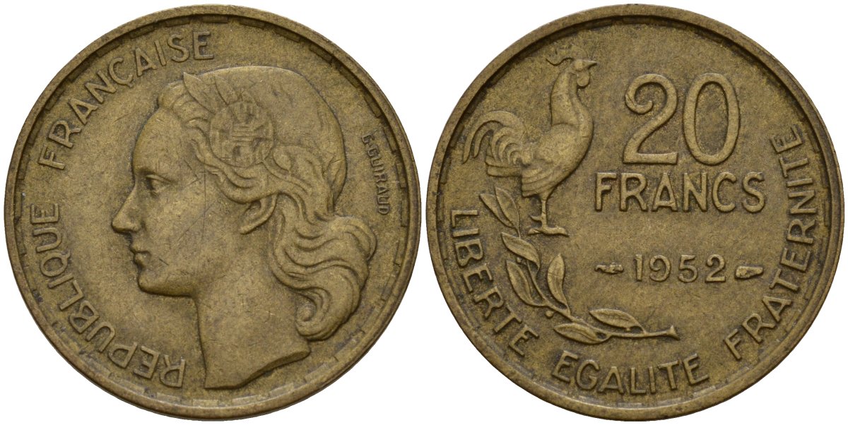 Франция 20 франков 1952 B, Петух KM 917.1 алюминиевая бронза 4159-942