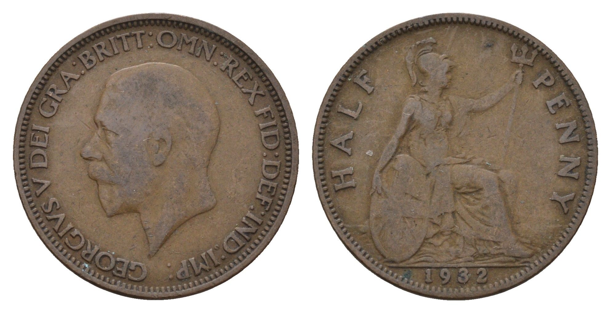 Великобритания 1/2 пенни 1932 Георг V (1910-1936) KM 837, Spink 4058 бронза 4675-413