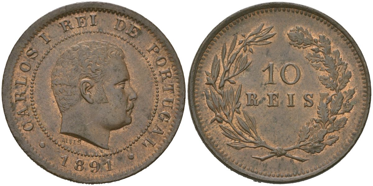 Португалия 10 реалов (рейсов) 1891 Карлуш I (1889-1908) KM 532 бронза aUNC 4584-1126
