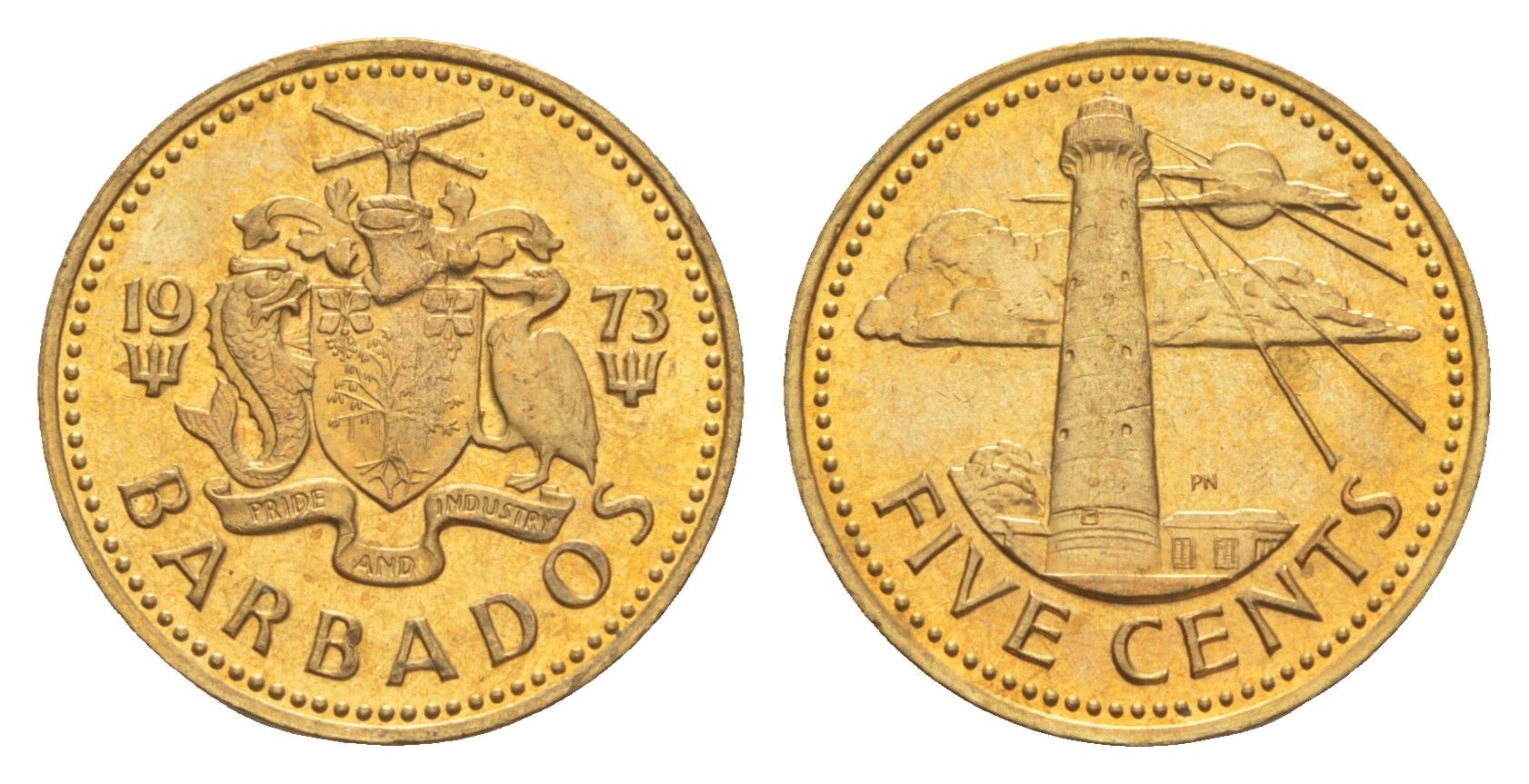 Барбадос 5 центов 1973 маяк Саут-Пойнт KM 11 латунь UNC 4651-432