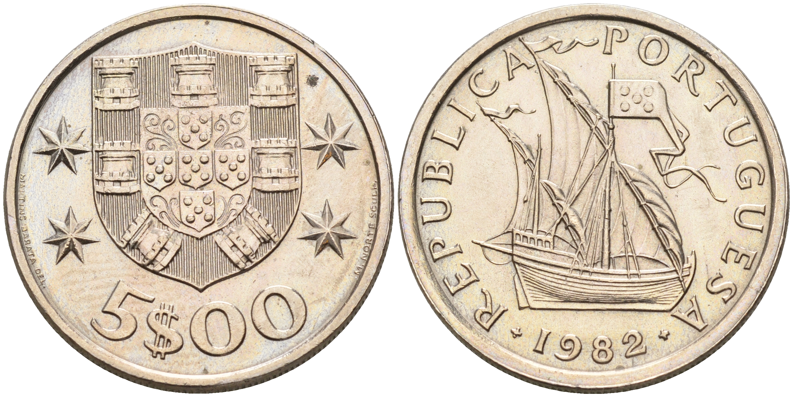 Португалия 5 эскудо 1982 парусник KM 591 медно-никель    4161-814