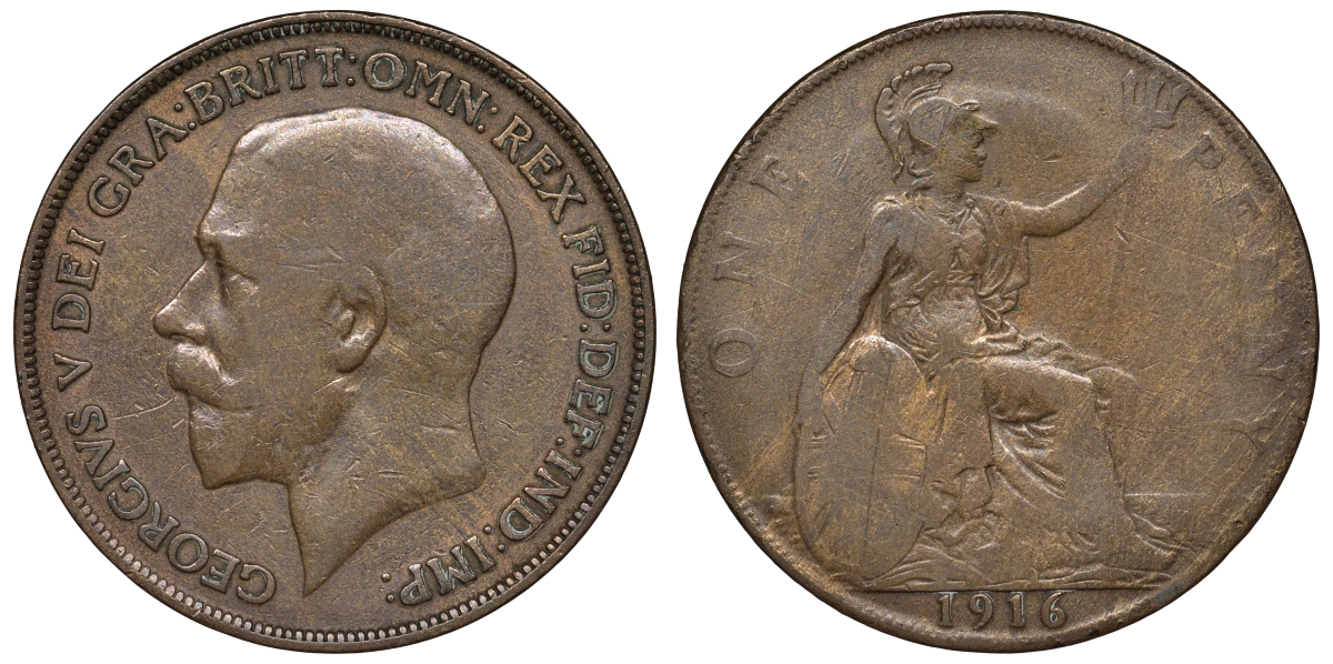 Великобритания 1 пенни 1916 Георг V (1910-1936) КМ 810, Spink 4051 бронза 4680-243