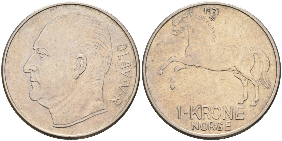 Норвегия 1 крона 1971 лошадь, Улаф V (1958-1991) KM 409 медно-никель 4561-213