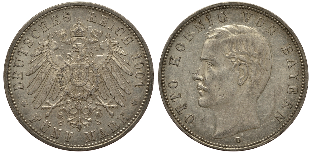 Бавария 5 марок 1901 Отто (1886-1913) Weege 47, J. 46, KM 512 серебро 3711-1434