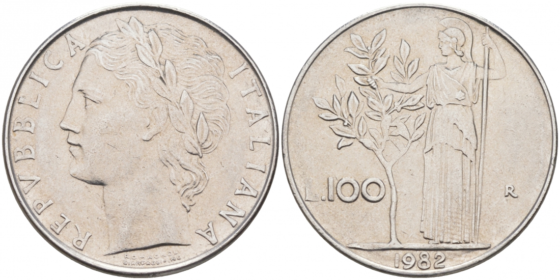 ИТАЛИЯ 100 ЛИР 1982 R АФИНА KM 96.1 сталь 186-216