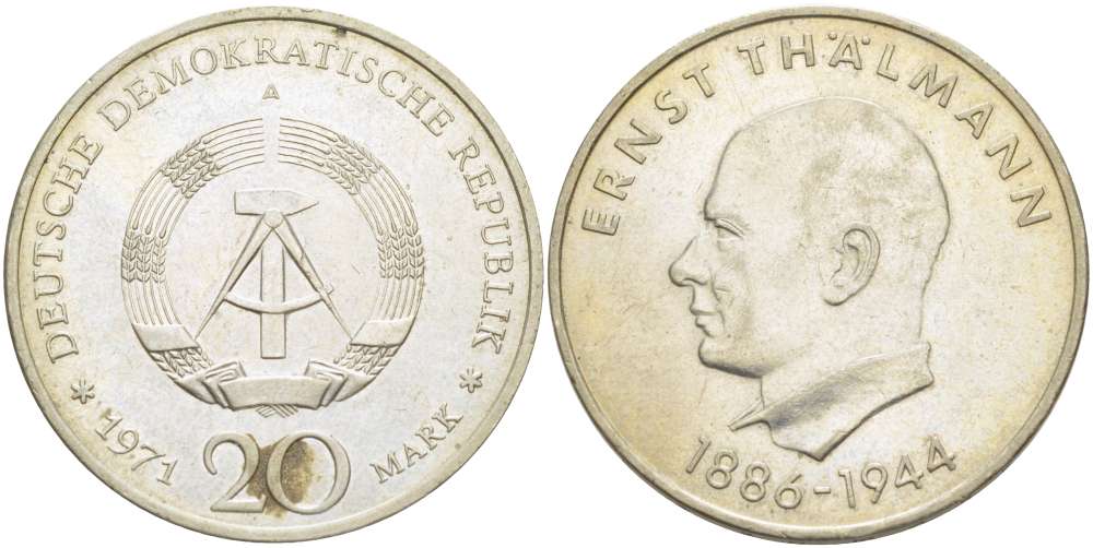 ГДР 20 марок 1971 A, 85 лет со дня рождения Эрнста Тельмана KM 34, J. 1535 медно-никель 4521-336