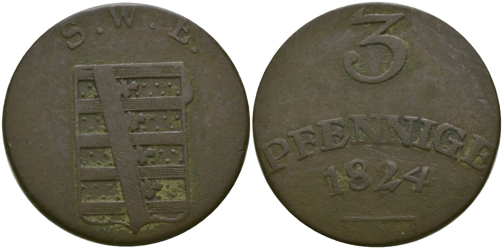 Саксен-Веймар-Эйзенах 3 пфеннига 1824 S.W.E., Карл Август (1758-1809-1828) KM 64, Koppe 613, AKS 12, Jaeger 522 b медь    65-612