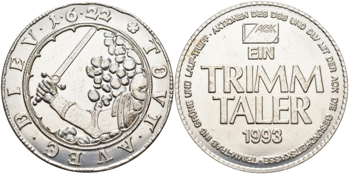 ФРГ медаль 1993 1 trimm taler, диаметр 40 мм., серебрение сталь 01-084-13