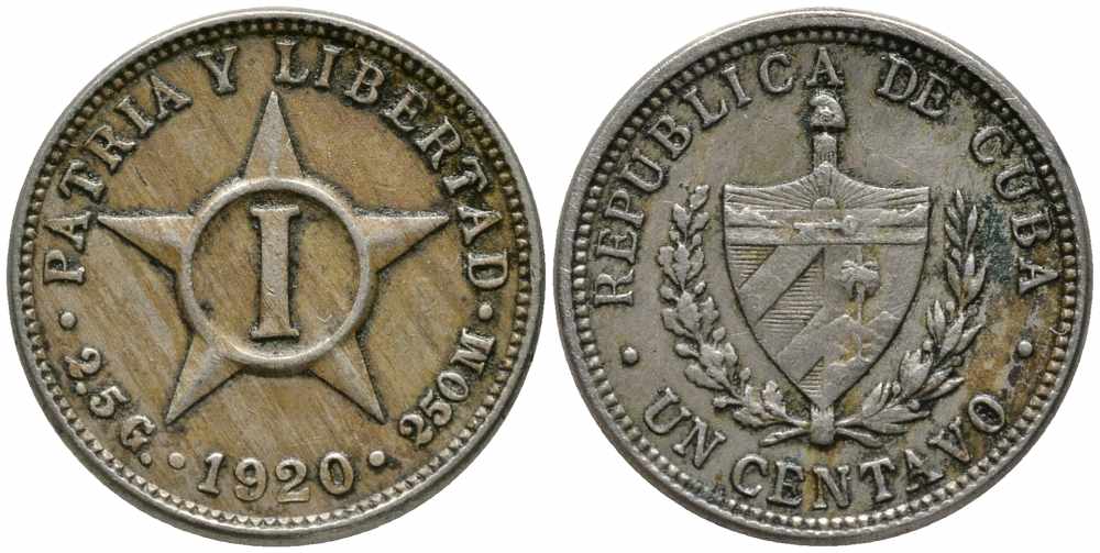 Куба 1 сентаво 1920 звезда, первая Республика (1902-1961) KM 9.1 медно-никель 100-325