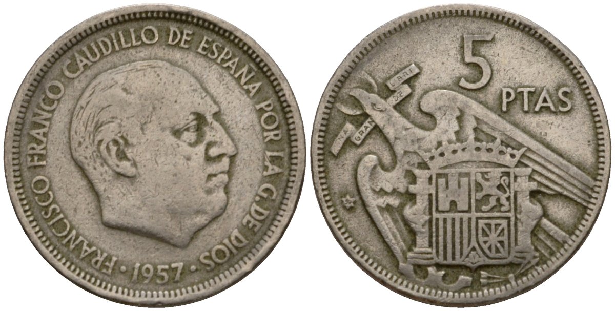 Испания 5 песет 1957 (60) Франсиско Франко (1939-1975) KM 786 медно-никель 186-444