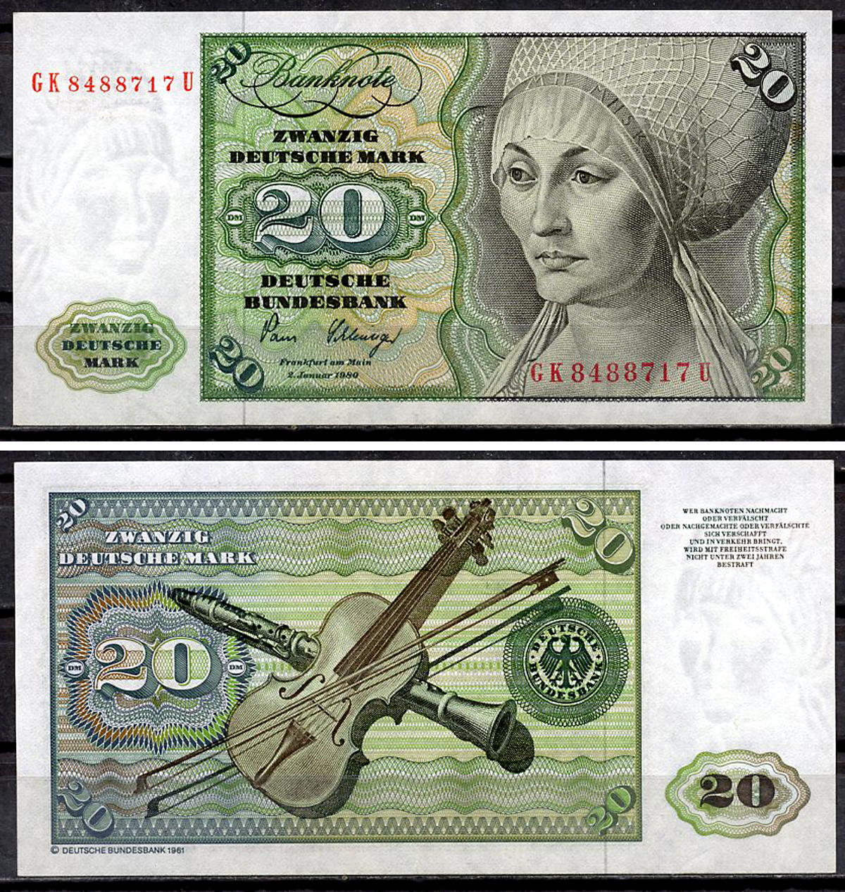 ФРГ 20 марок 1980 Эльсбет Тухер (Альбрехт Дюрер), скрипка, кларнет, Deutsche Bundesbank Pick 32 d  бумага  aUNC 451-920-3