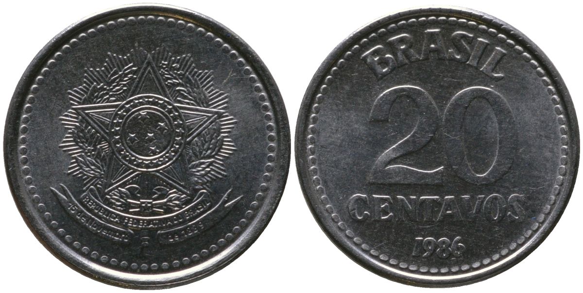 Бразилия 20 сентаво 1986 герб KM 603, Schon 112 нержавеющая сталь UNC 4567-959