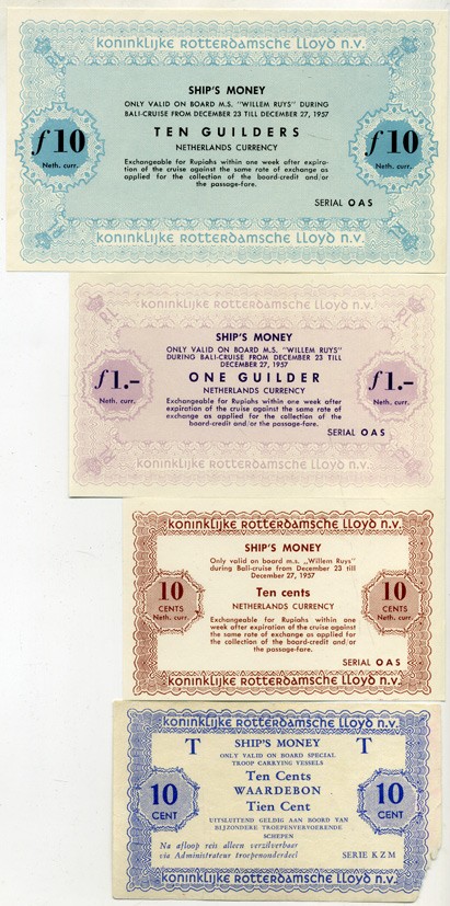 НИДЕРЛАНДЫ НАБОР ИЗ 4 БАНКНОТ 1957 SHIPS MONEY (23-27 ДЕКАБРЯ) 1957 КРУИЗ НА БАЛИ бумага 6312-5-1-2