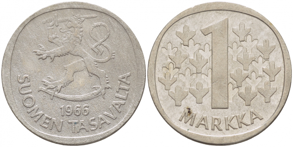 Финляндия 1 марка 1966 S KM 49 серебро 3718-717