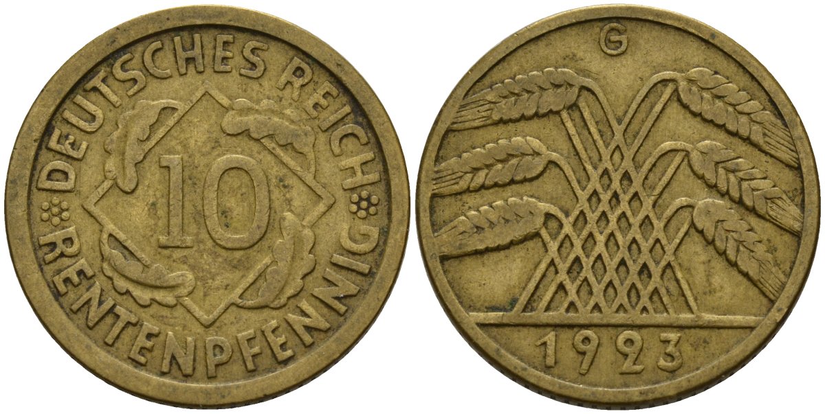 Германия 10 рентенпфеннигов 1923 G KM 33, J. 309 алюминиевая бронза 3336-546