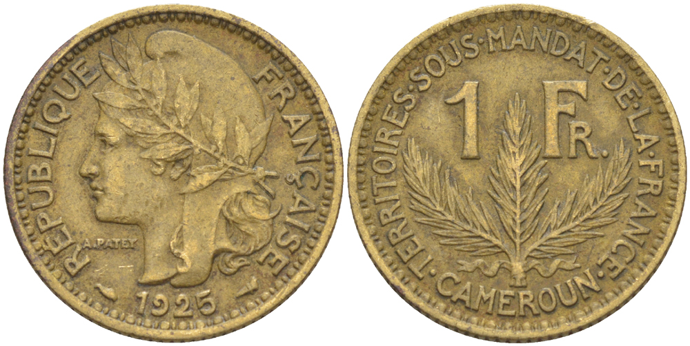 Французский Камерун 1 франк 1925 (а), монетный двор Париж KM 2 алюминиевая бронза 34-737