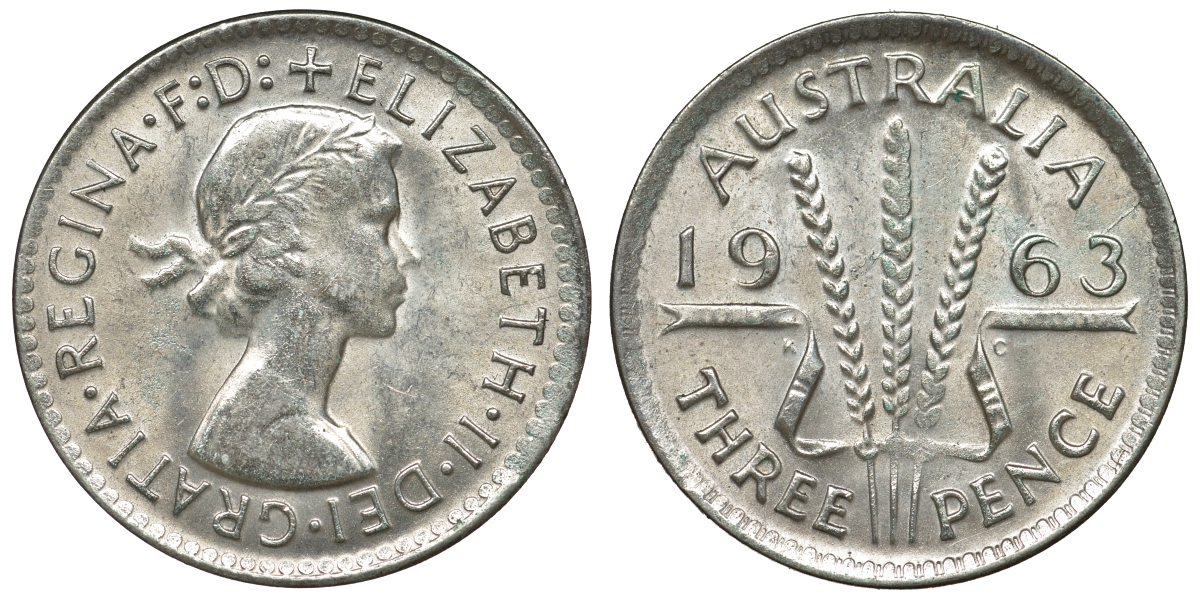 Австралия 3 пенса 1963 m, Елизавета II (1952-2022) KM 57 серебро 71-838
