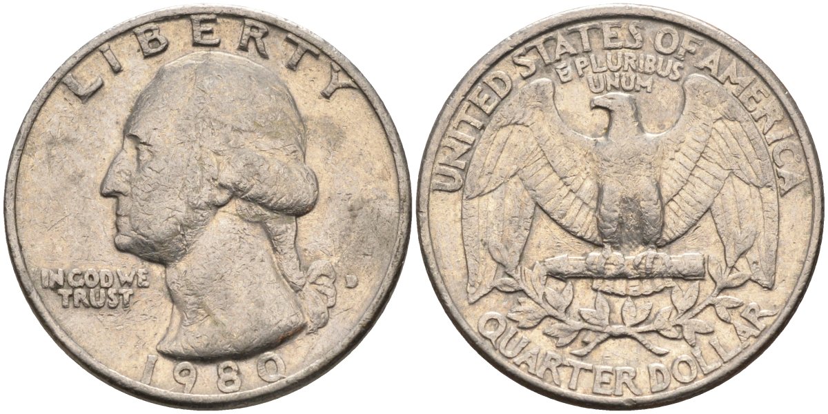 США 25 центов (квотер) 1980 D, Вашингтон KM A164a медь плакированная медно-никелем 4584-1123