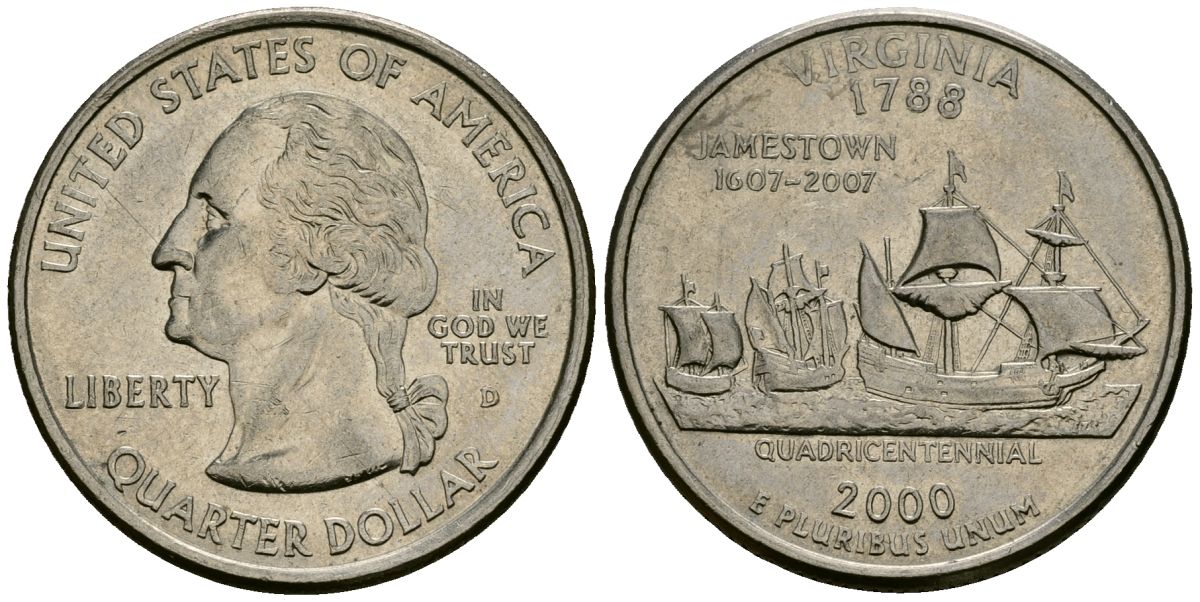 США 25 центов = квотер 2000 D, серия штаты США, Вирджиния KM 309 медь плакированный медно-никелем 4138-1011