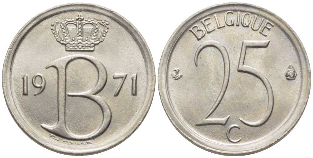 БЕЛЬГИЯ 25 САНТИМОВ 1971 BELGIQUE, БОДУЭН I (1951-1993) KM 153.1 медно-никель 116-956