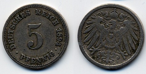ГЕРМАНИЯ 5 ПФЕННИГОВ 1894 A, KM 11, J. 12 медно-никель 51-5244