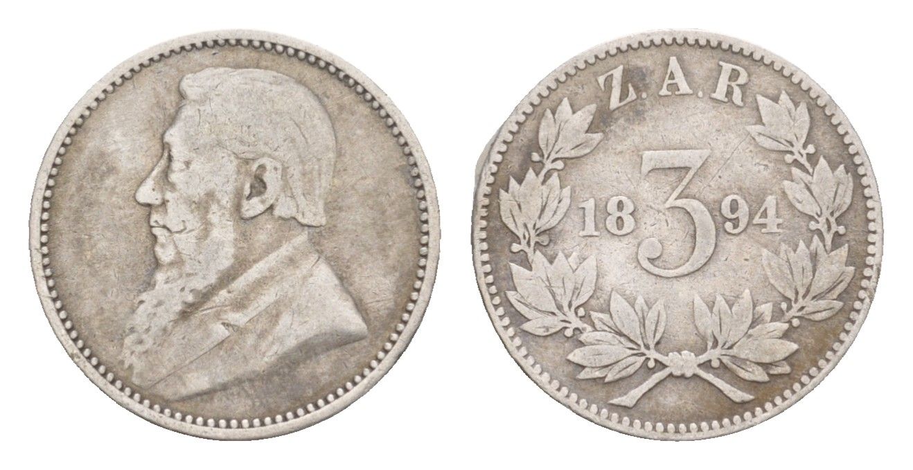 ЮАР 3 пенса 1894 ZAR, Трансвааль, Крюгер KM 3 серебро 4655-244