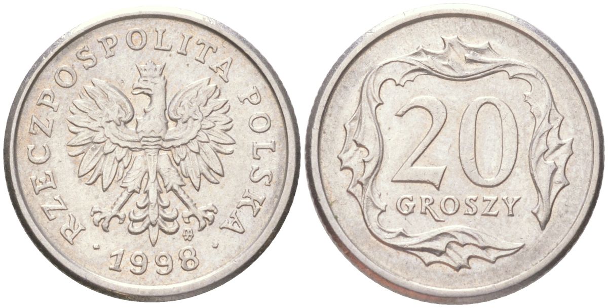 Польша 20 грошей 1998 MW KM 280, Parchimowicz 705f медно-никель UNC 4614-327