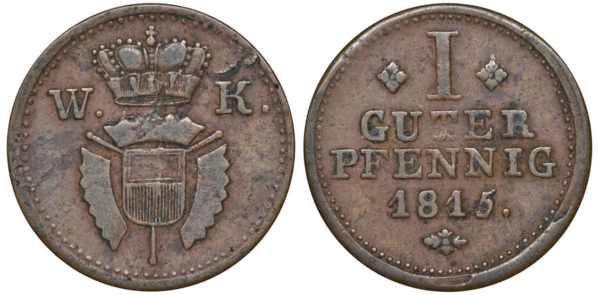 Шаумбург-Гессен-Кассель 1 пфенниг 1815  KM 39 медь    116-933