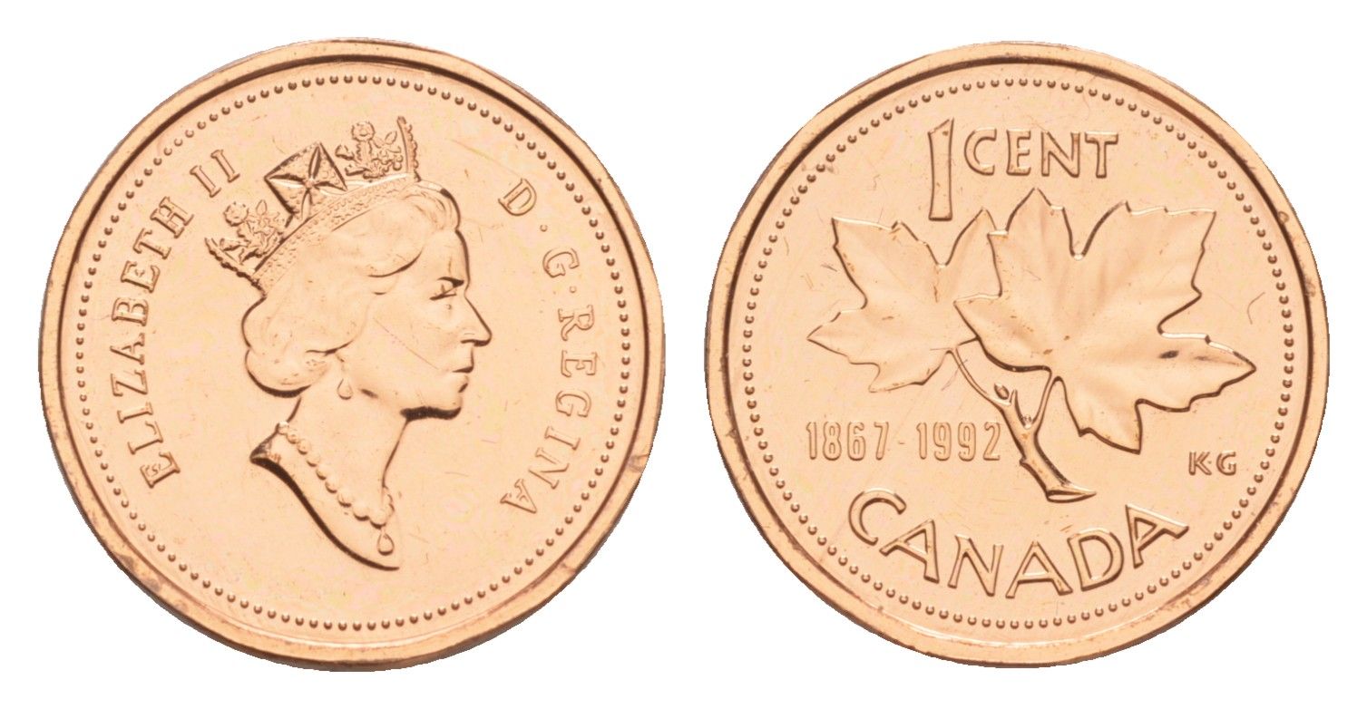 Канада 1 цент 1992 Елизавета II (1952-2022), кленовый лист, 125 лет Конфедерации Канада KM 204 бронза BU 4639-367