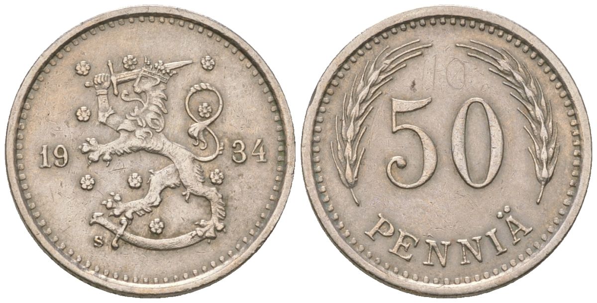 Финляндия 50 пенни 1934 S, редкий год, тираж 612.000 KM 26 медно-никель 4174-1041