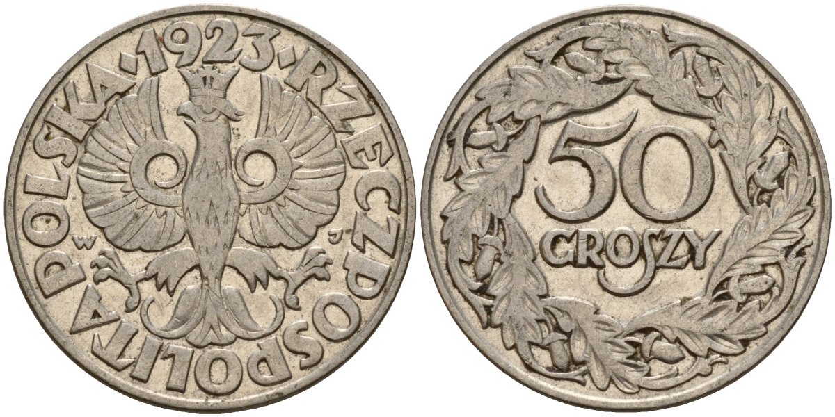 Польша 50 грошей 1923 Республика KM 13, Parchimowicz 106 никель 4156-913
