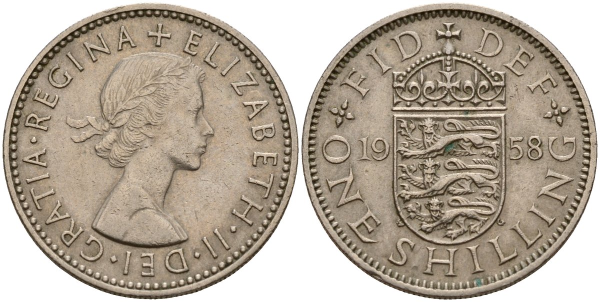 Великобритания 1 шиллинг 1958 Елизавета II (1952-2022), Английский герб KM 904, Spink 4147 медно-никель 4187-1056