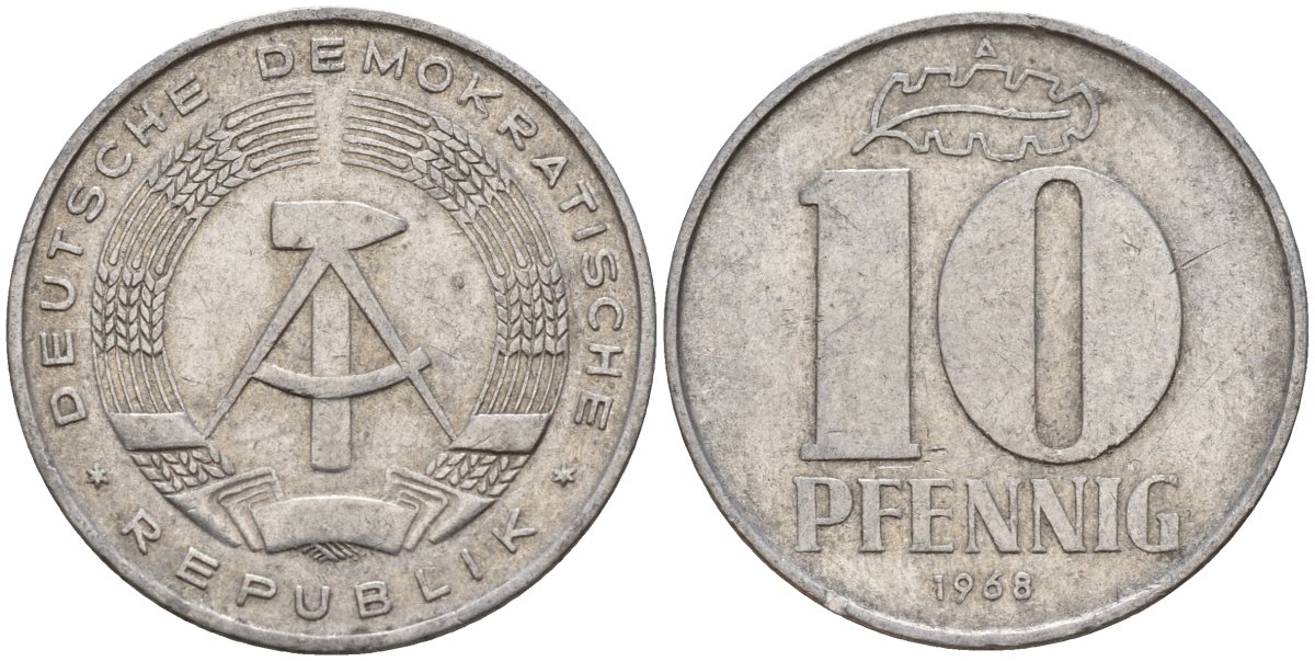 ГДР 10 пфеннигов 1968 A KM 10 алюминий 55-221