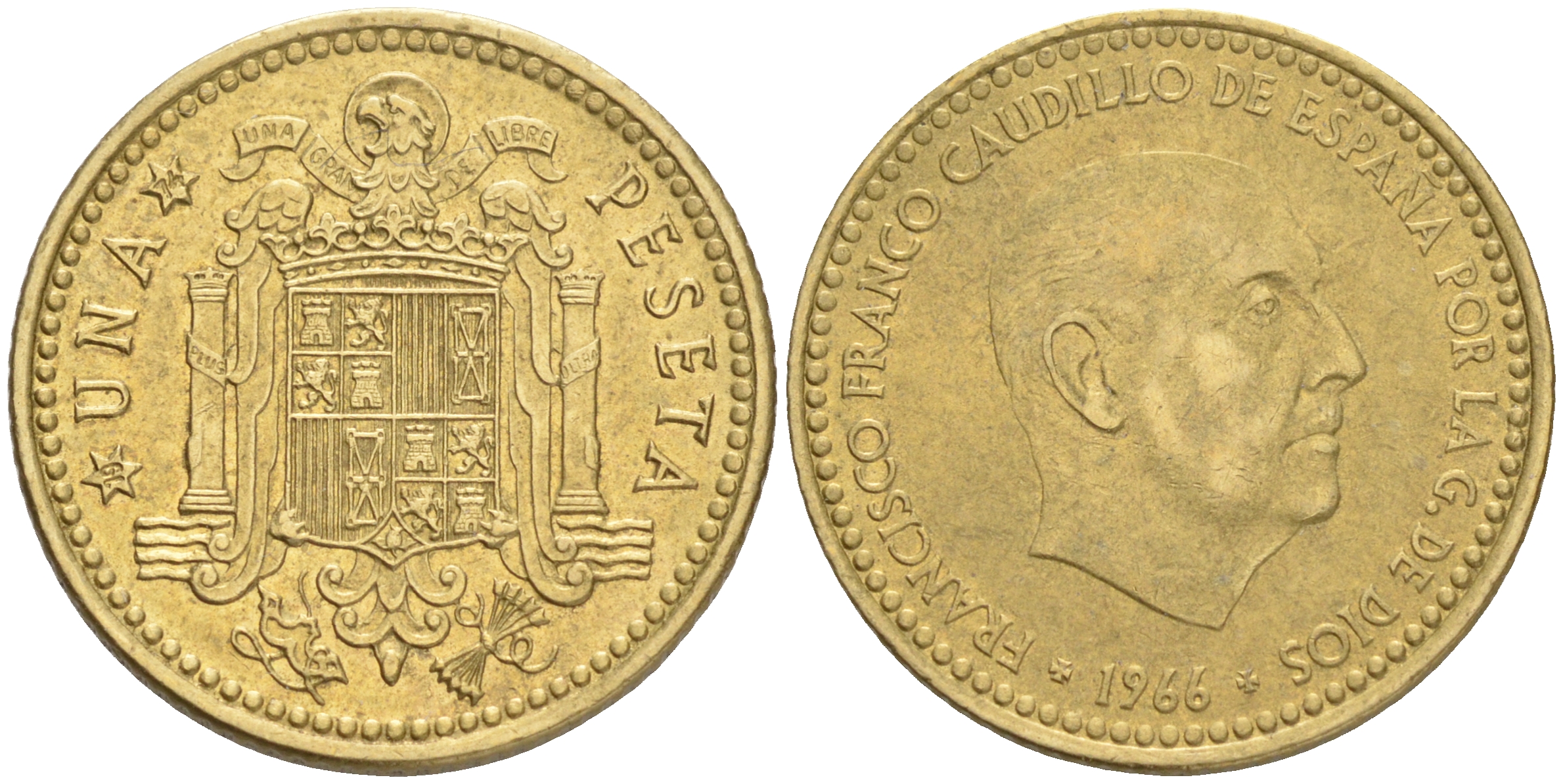 Испания 1 песета 1966 (74) Франсиско Франко (1939-1975) KM 796 алюминиевая бронза 192-824