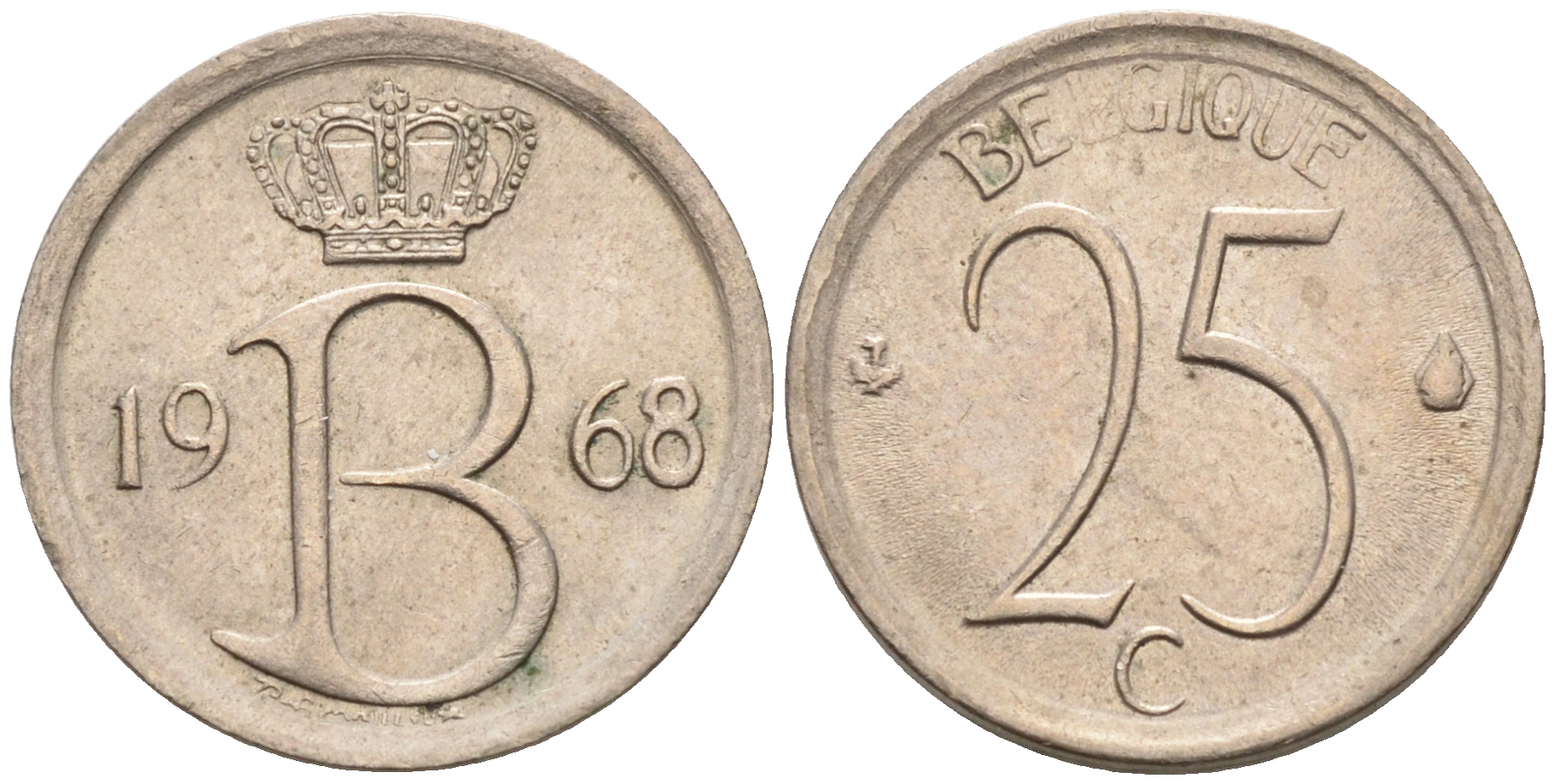 Бельгия 25 сантимов 1968 Belgique, Бодуэн I (1951-1993) KM 153.1 медно-никель 4564-138