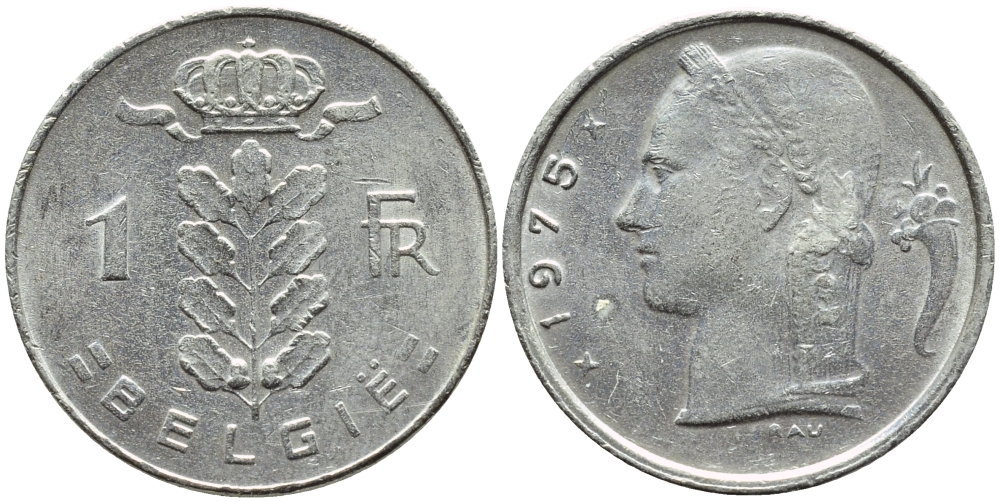 Бельгия 1 франк 1975 Belgie, Бодуэн I (1951-1993) KM 143.1 медно-никель 4381-555