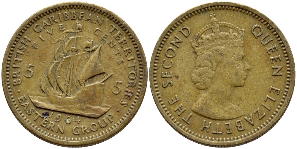 Британские Восточно-Карибские территории 5 центов 1964 Елизавета II (1952-2022), парусник KM 4 никель латунь 4391-1127