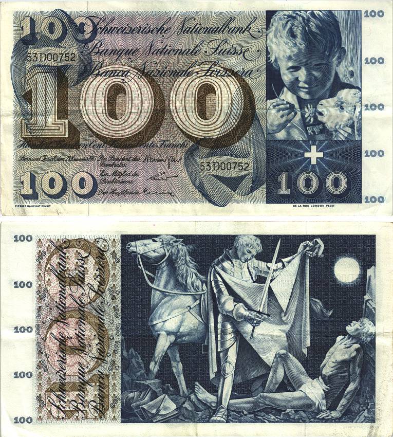 Швейцария 100 франков 1965 23 декабря 1965, серия 53 D, подпись 40 Pick 49 h бумага 8606-23-1-2