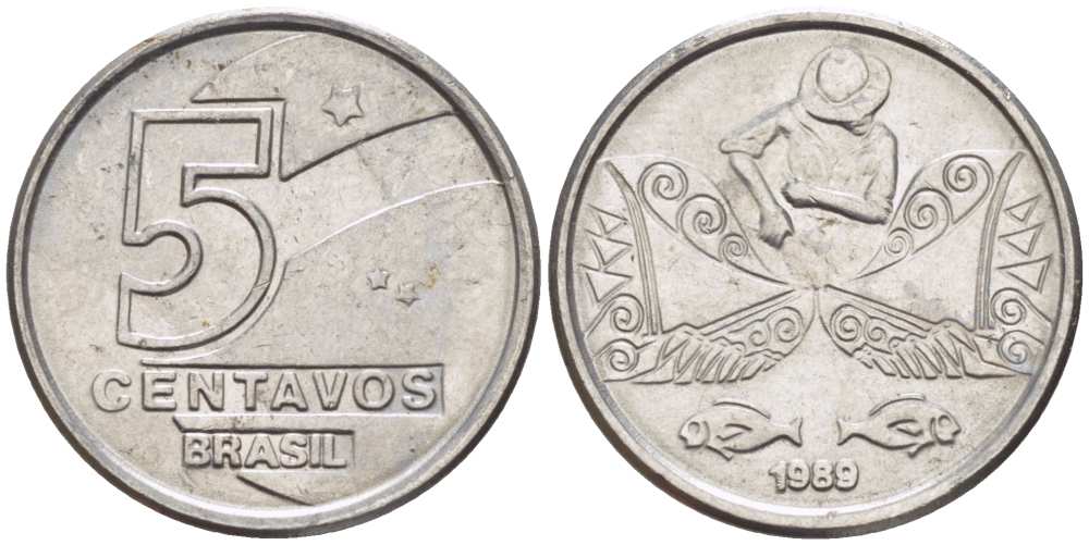 БРАЗИЛИЯ 5 СЕНТАВО 1989 РЕФОРМА 1989-1990 KM 612 нержавеющая сталь 105-936