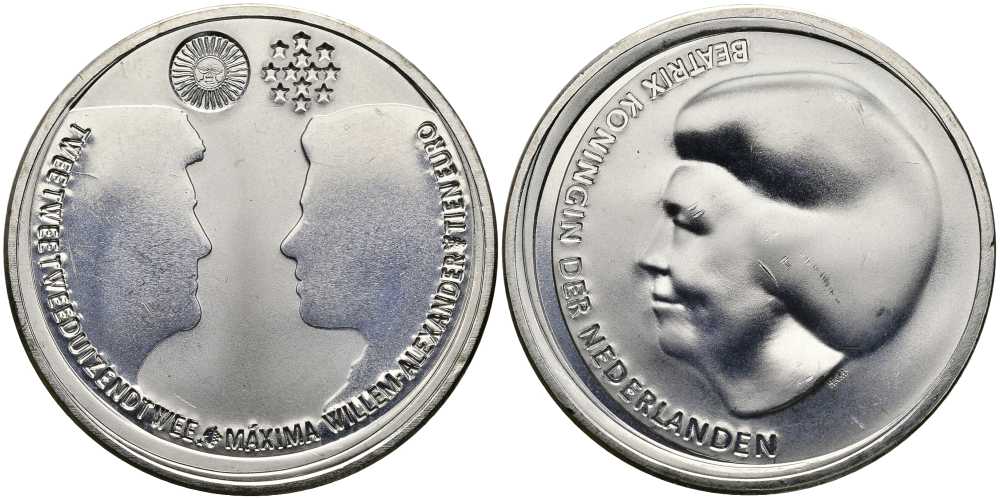 Нидерланды 10 евро 2002 королевская свадьба Виллема-Александра и принцессы Максимы KM 243 серебро UNC 650-1115