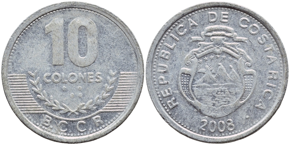 КОСТА-РИКА 10 КОЛОН 2008 B.C.C.R. KM 228b алюминий 51-2612