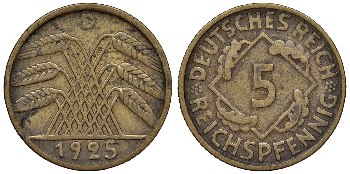 Германия 5 рейхспфеннигов 1925 D KM 39, J. 316 алюминиевая бронза 4124-257
