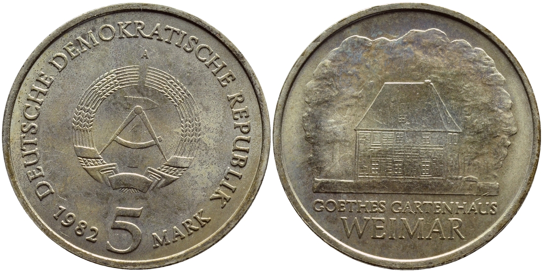 ГДР 5 марок 1982 A, Веймар, садовый домик Гете KM 85 медь цинк никель aUNC 59-1622