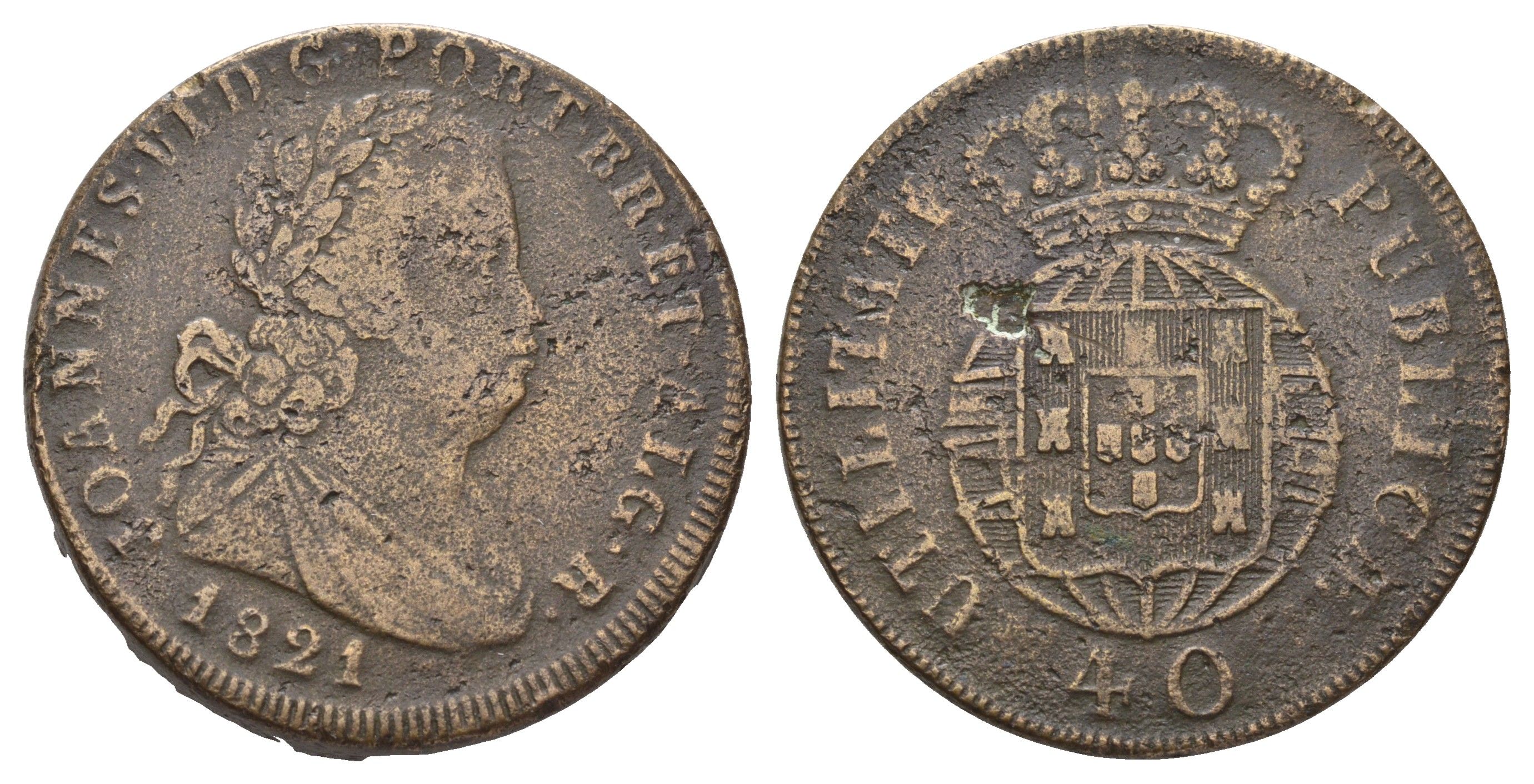 Португалия 40 реалов 1821 Жуан VI (1816-1826) KM 370 бронза 1529-1311