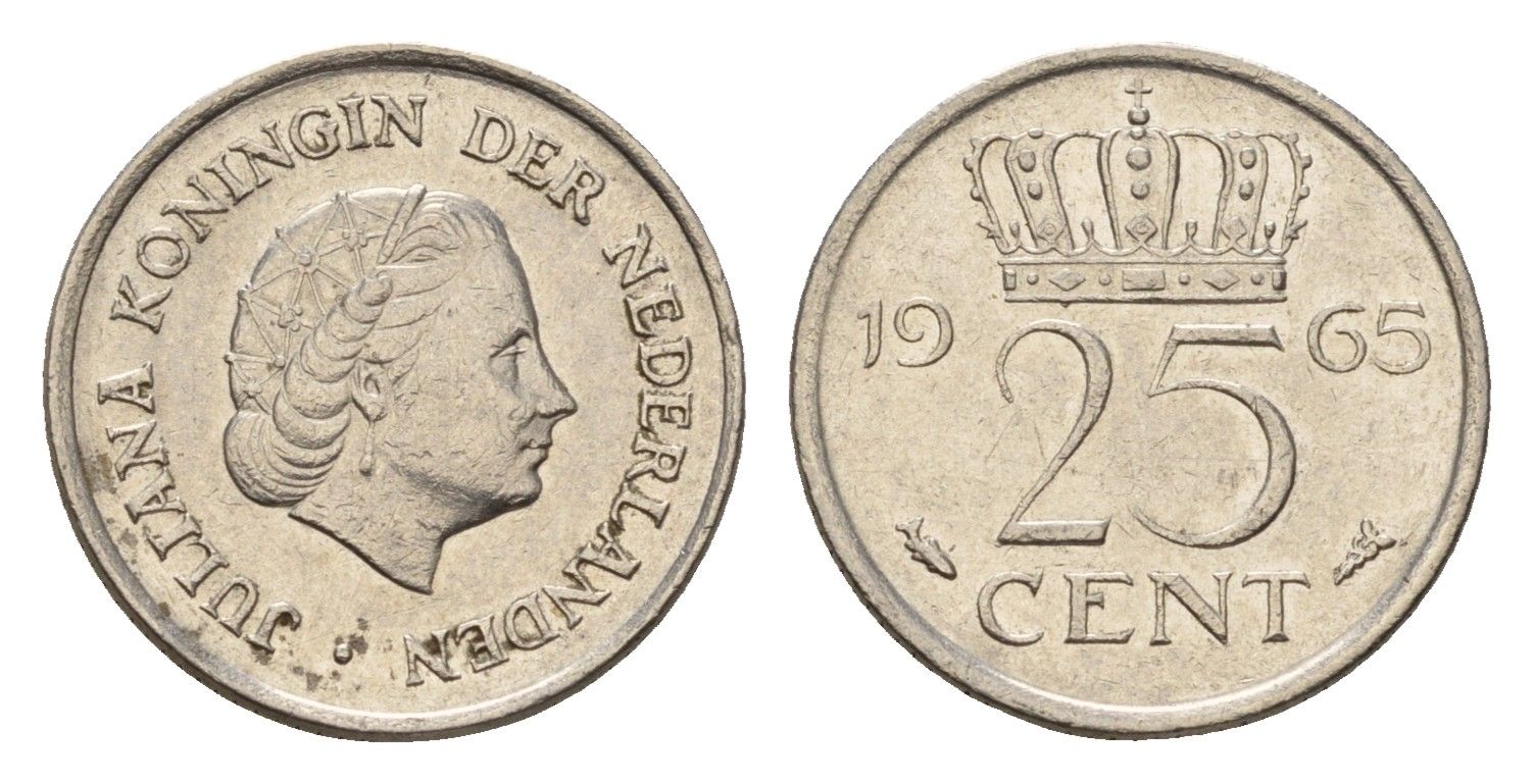 Нидерланды 25 центов 1965 Юлиана (1948-1980) KM 183 медно-никель 4611-1257
